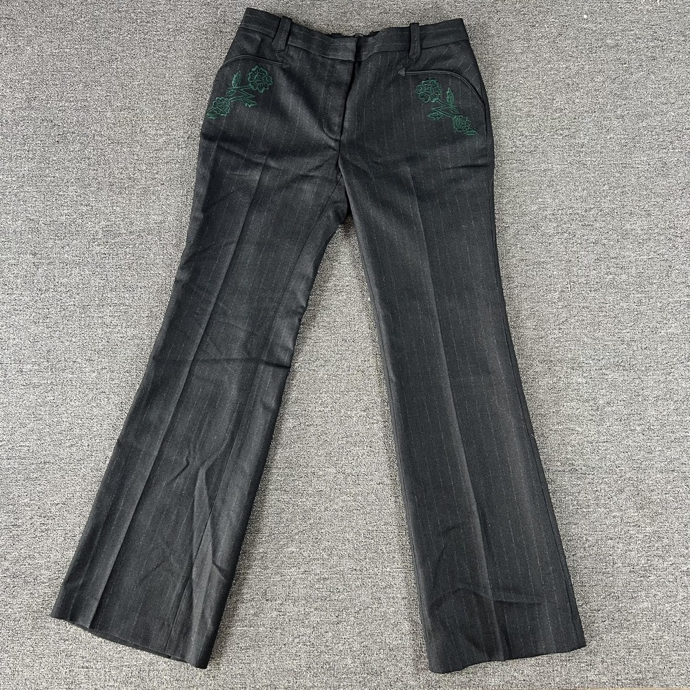 Coach Pants Womens 6 Black Emb Tailored Trouser Pinstripe Rose Embroidered